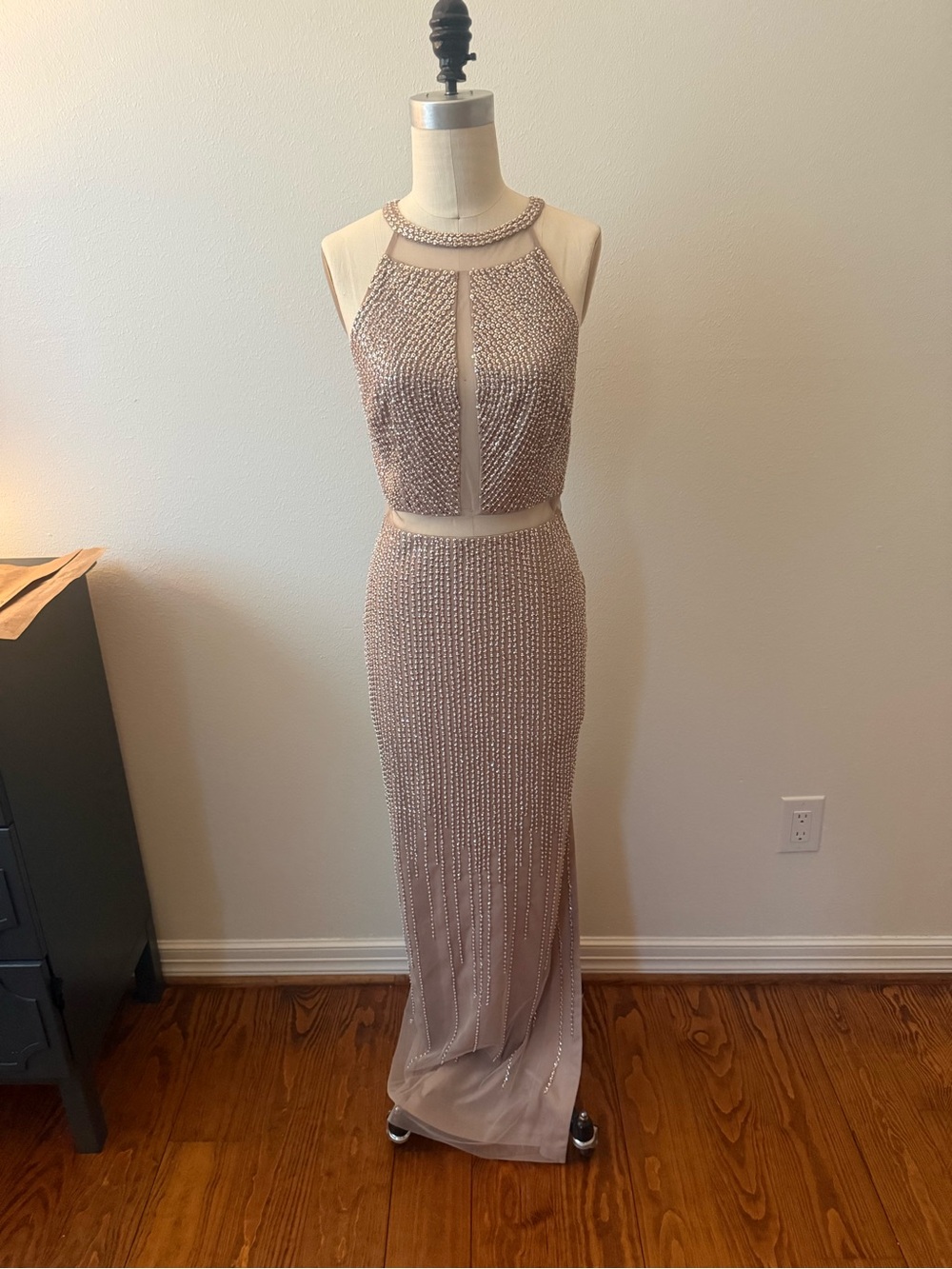 Aidan Mattox Beaded Blush Two-Piece Prom Gown